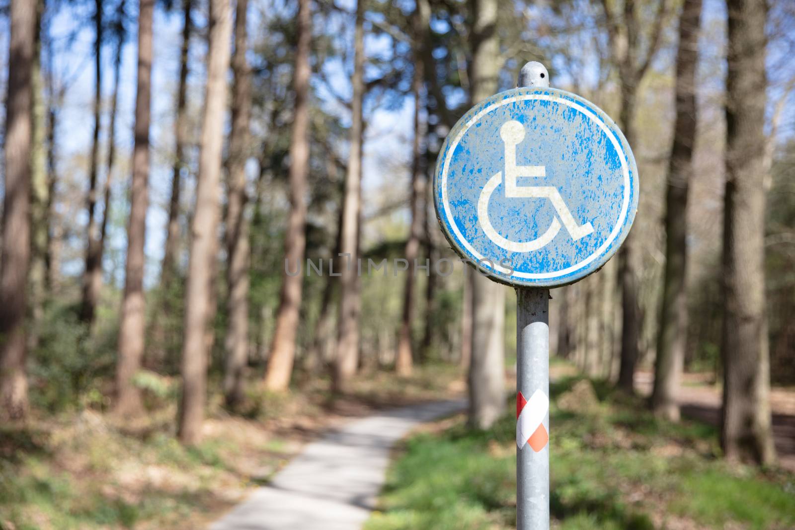 Disabled sign pointing to a wheelchair path