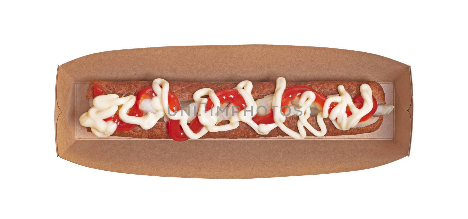 One frikadel with ketchup, mayonnaise on chopped onions, a Dutch fast food snack called 'frikadel speciaal', the Netherlands