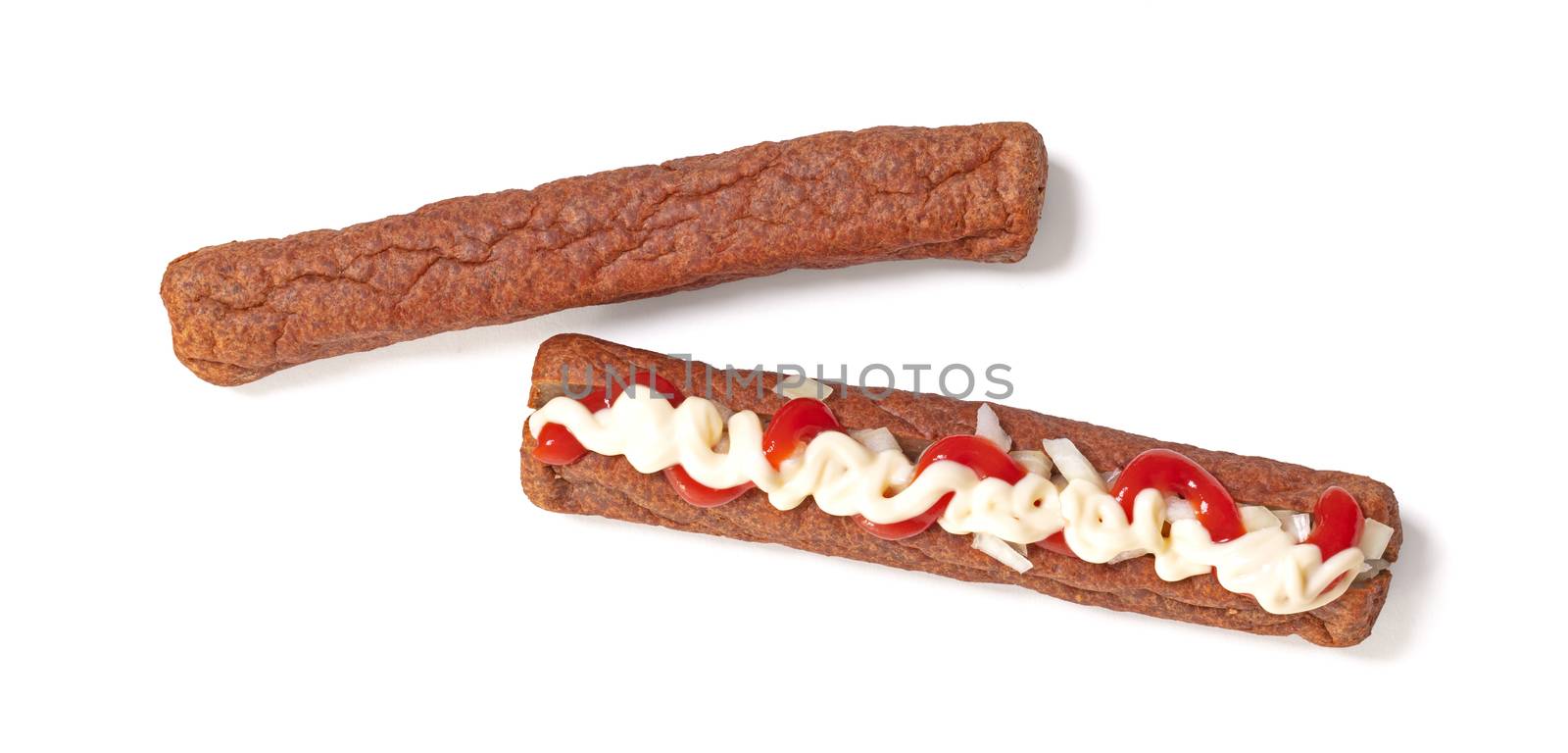 One frikadel with ketchup, mayonnaise on chopped onions, a Dutch by michaklootwijk