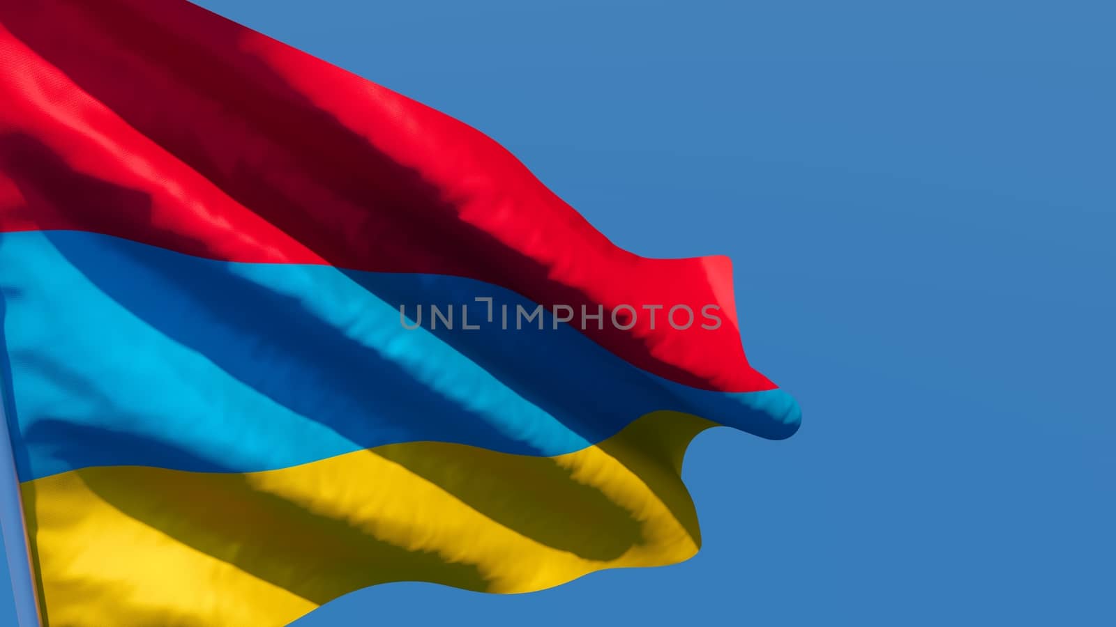 3D rendering of the national flag of Armenia waving in the wind against a blue sky.