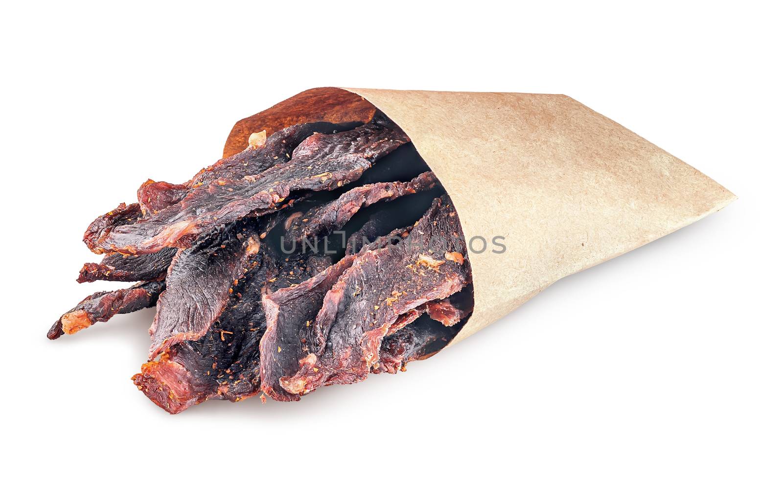 Jerky in a paper bag isolated on white background in front