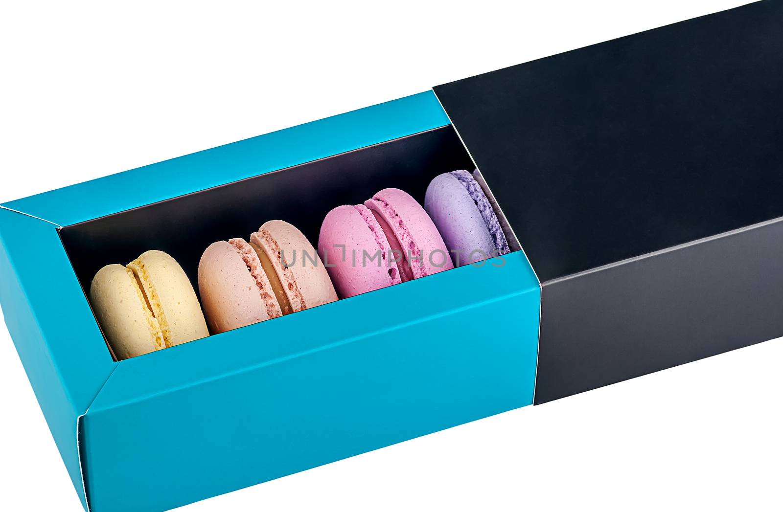 Macaroons in gift box front view white background