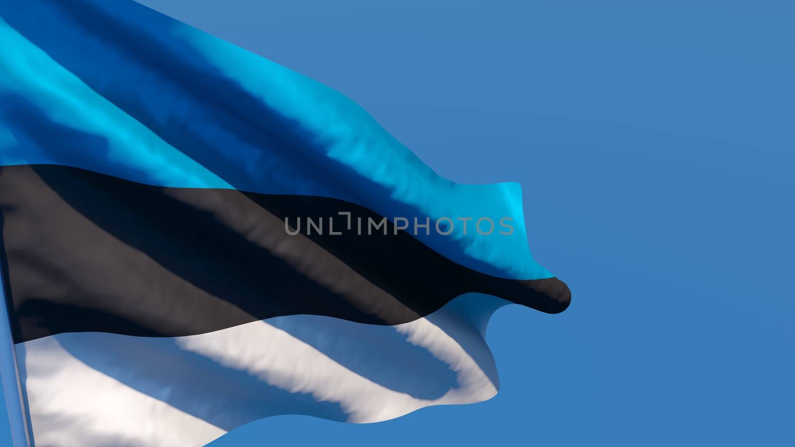 3D rendering of the national flag of Estonia waving in the wind against a blue sky