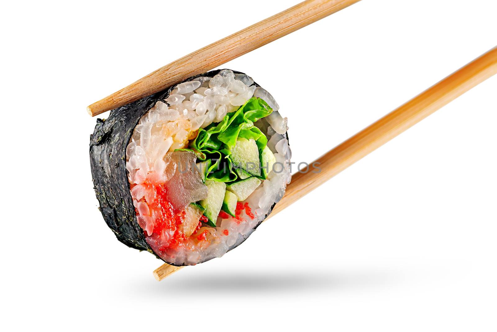 Roll spicy lollo-Ross with chopsticks. Isolated on white background