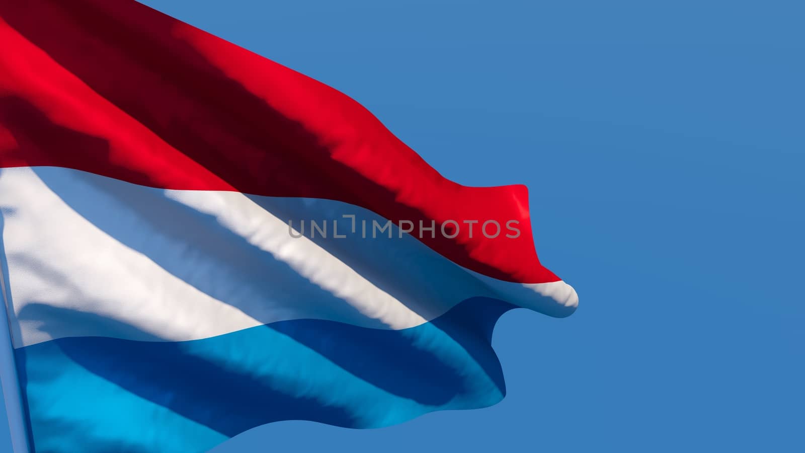 3D rendering of the national flag of Netherlands waving in the wind against a blue sky