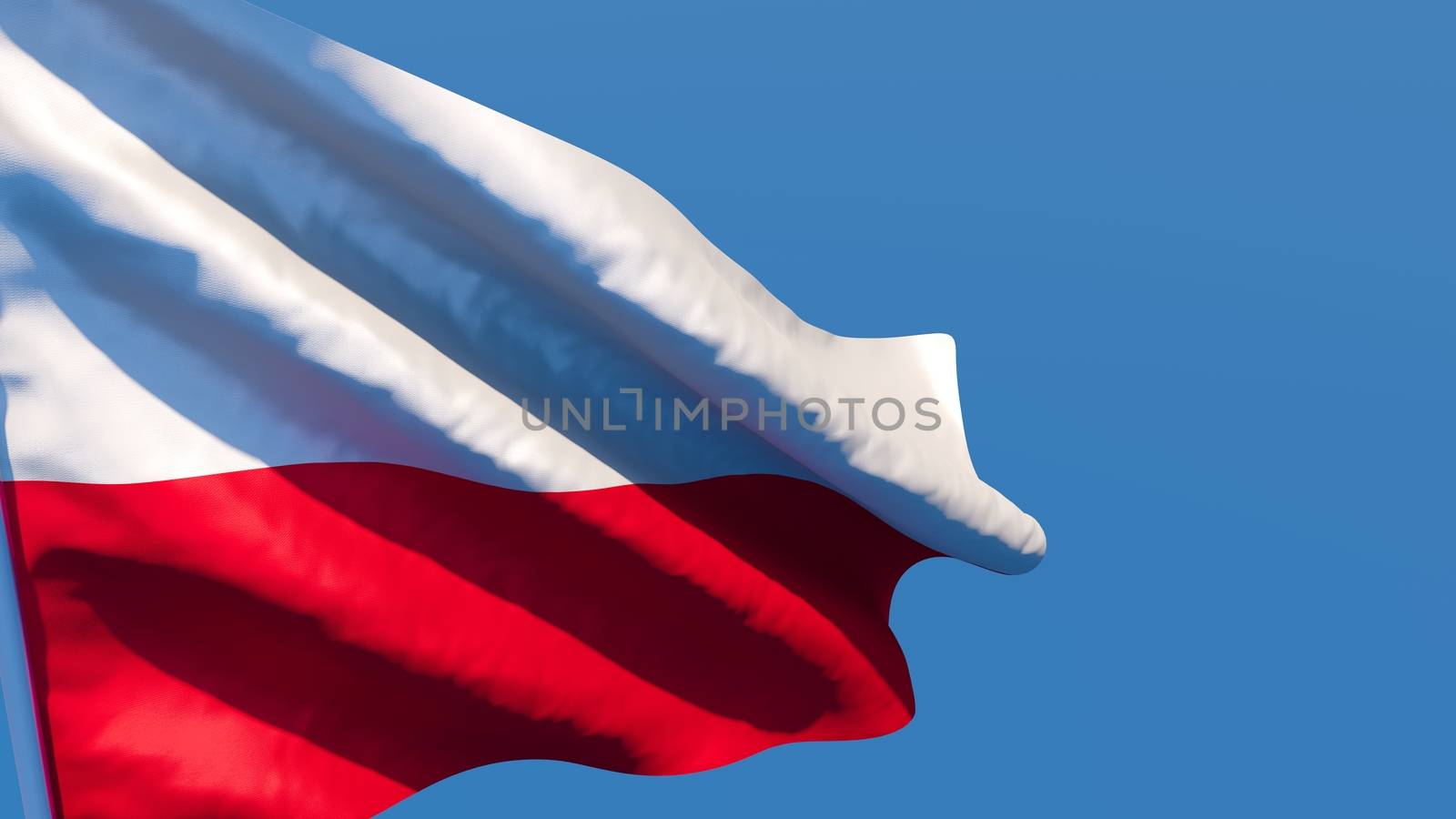 3D rendering of the national flag of Poland waving in the wind against a blue sky