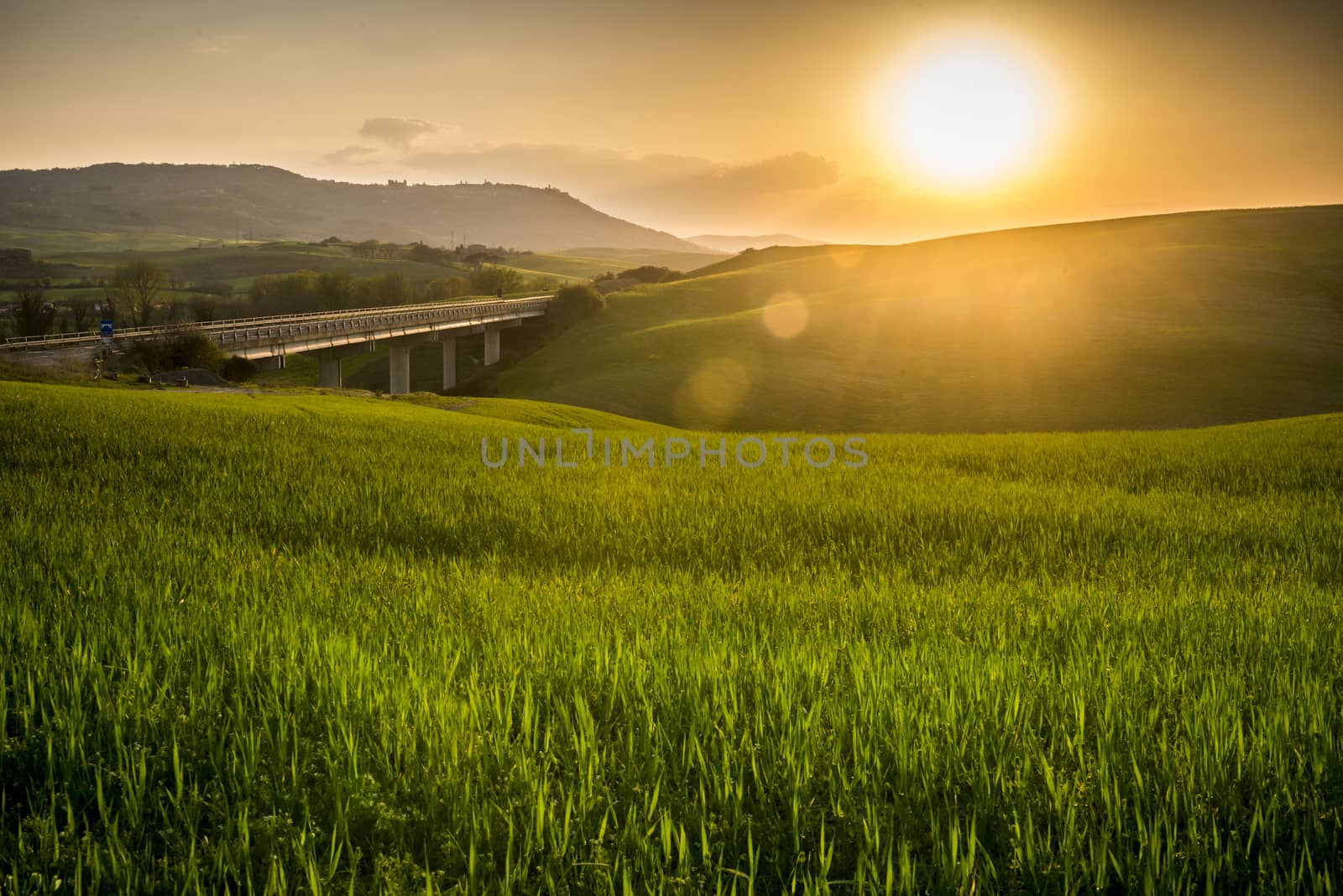 beautiful panorama of sunset in the Tuscany Hills.