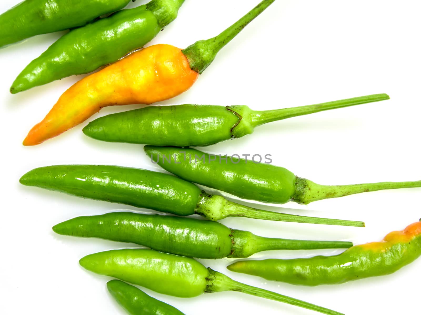 Fresh green and yellow chili isolated on white background