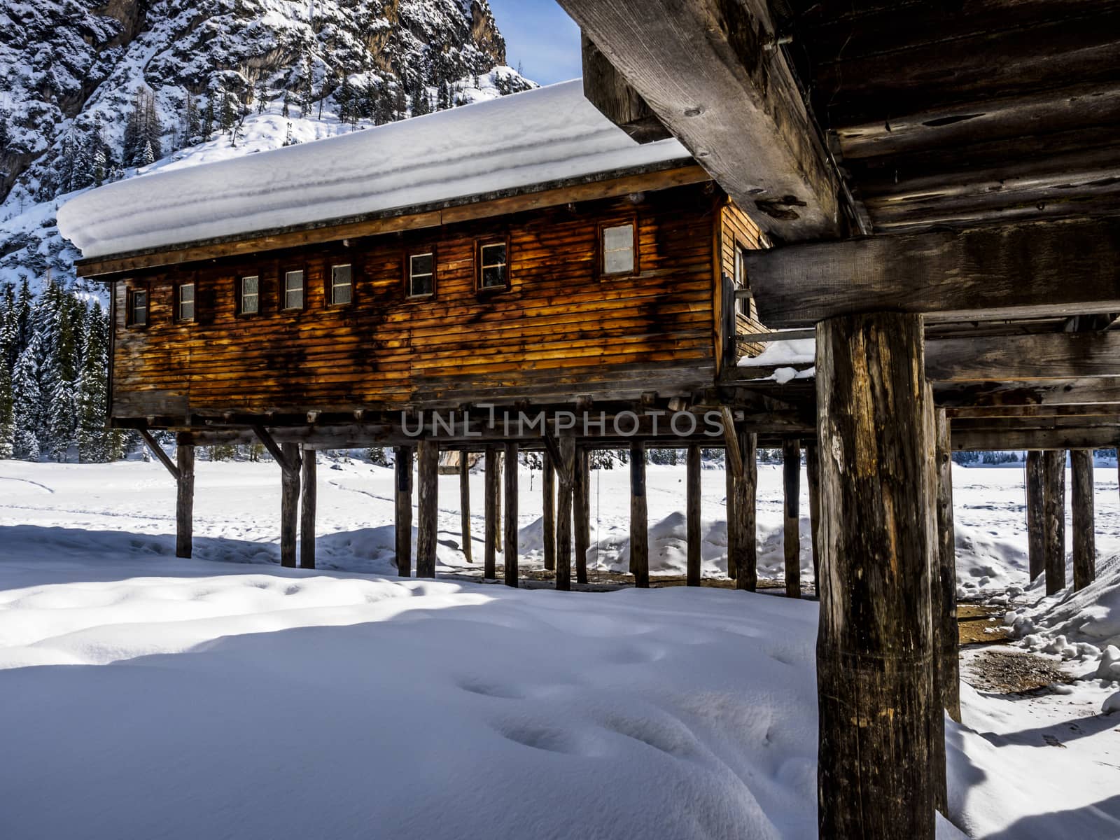 beautiful panorama of Lake of braies in the Dolomites.