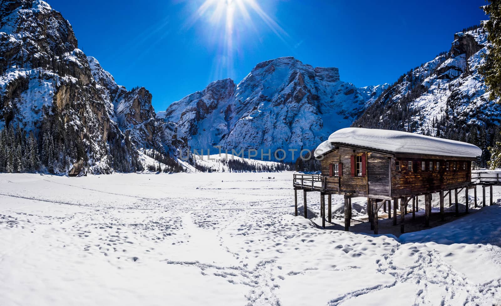 beautiful panorama of Lake of braies in the Dolomites.