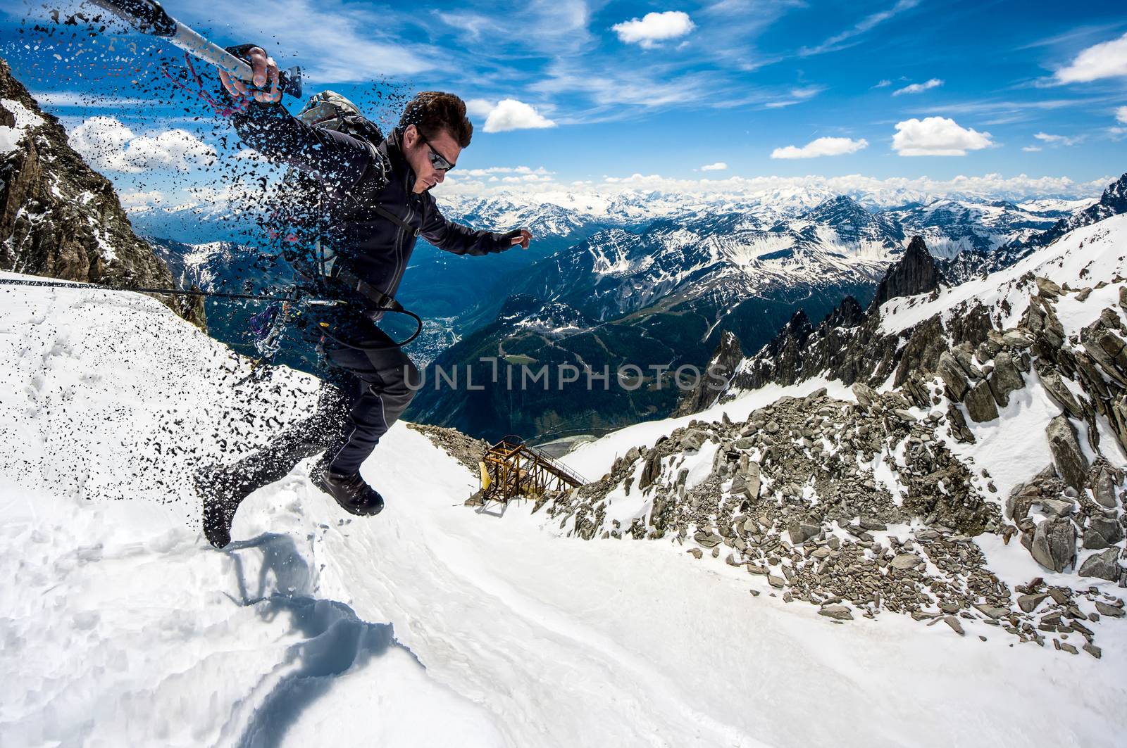 mountaineer on a Italian glacier (Mont Blanc Massif, Italian Alps)with dispersion effect.