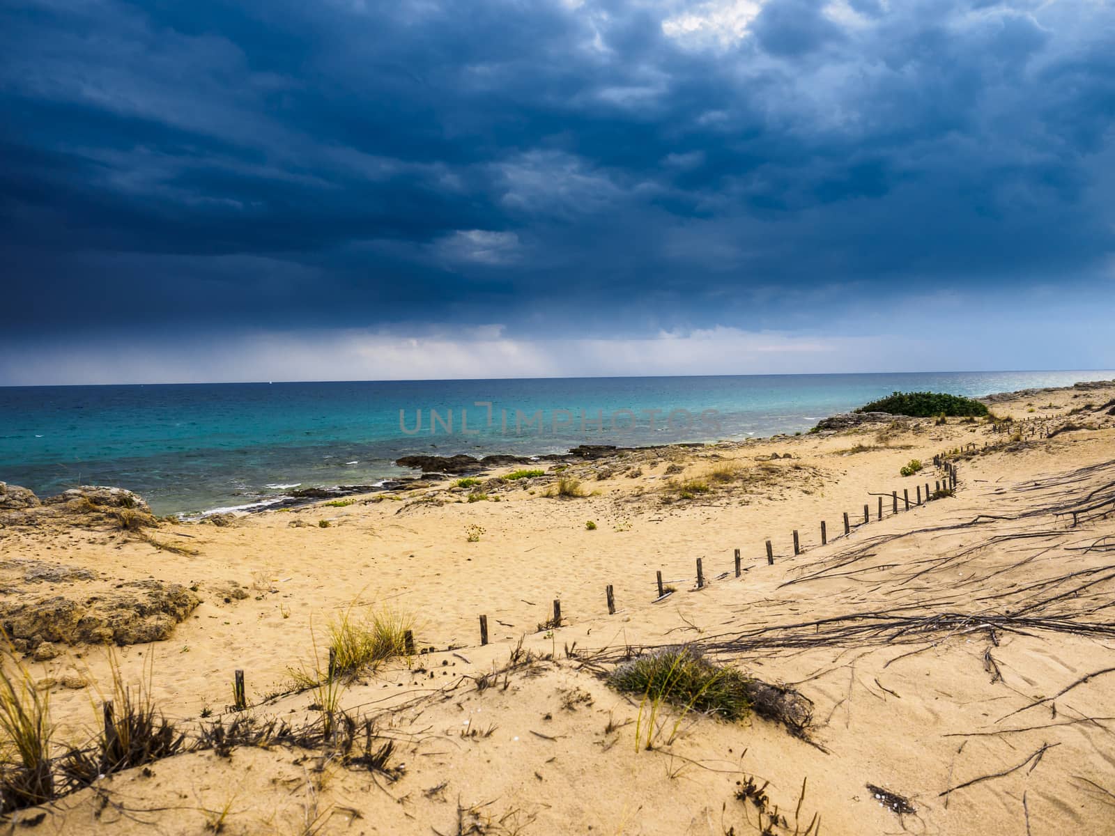 A storm is coming along the beach.