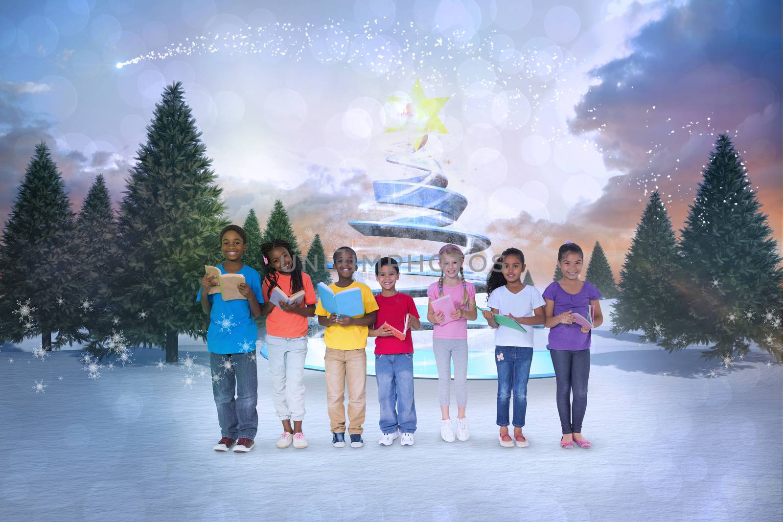 Composite image of cute children against snowy landscape with fir trees