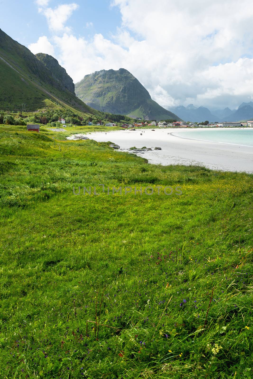 Rambergstranda beach on Lofoten islands. Beautiful sandy beach and azure water. Norway.