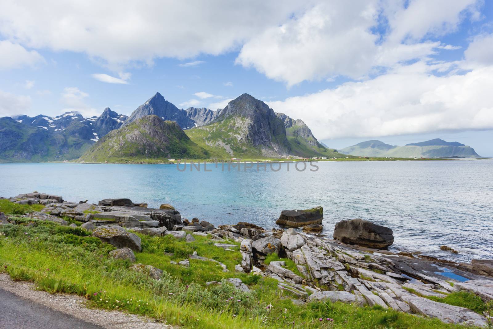 Beautiful scandinavian landscape with mountains and fjords. Lofoten islands, Norway.