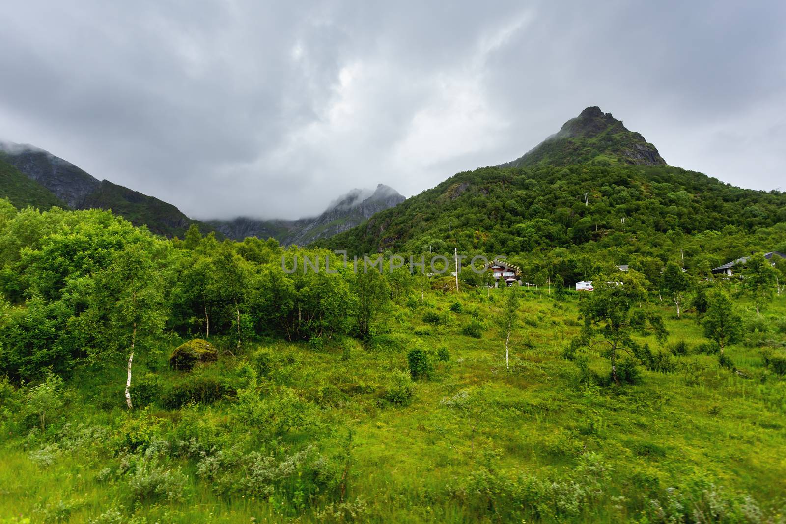 Beautifull scandinavian landscape with meadows and mountains. Lofoten islands, Norway.