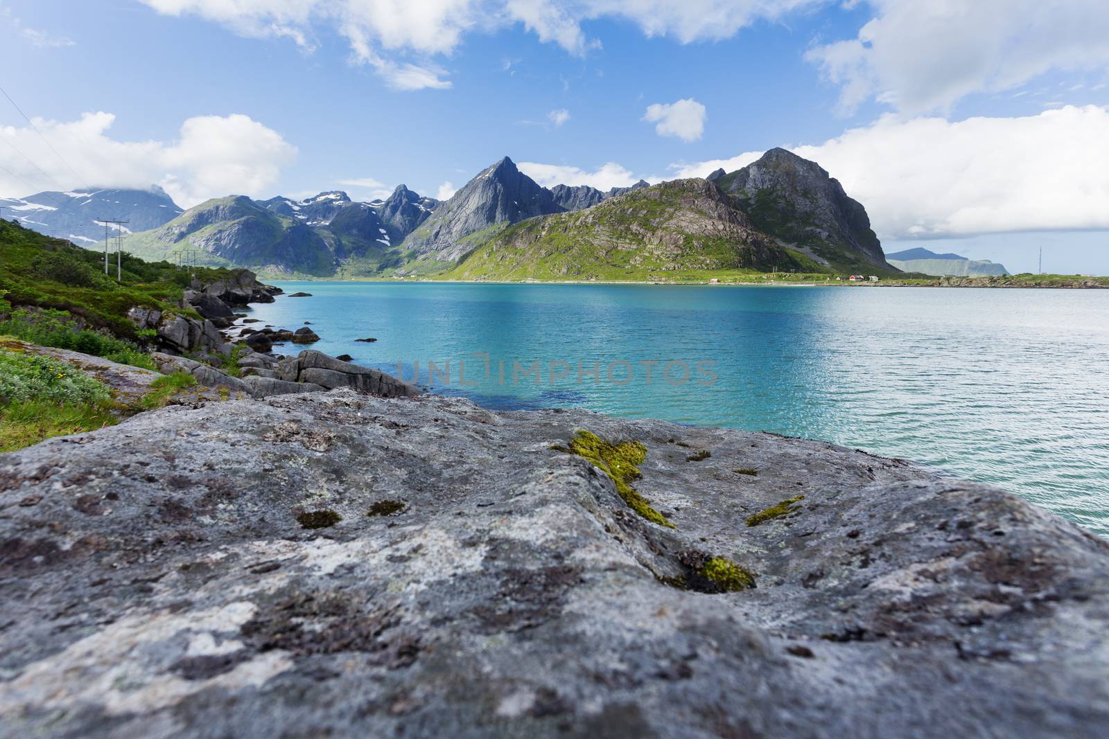 Beautiful scandinavian landscape with meadows, mountains and fjords. Lofoten islands, Norway.