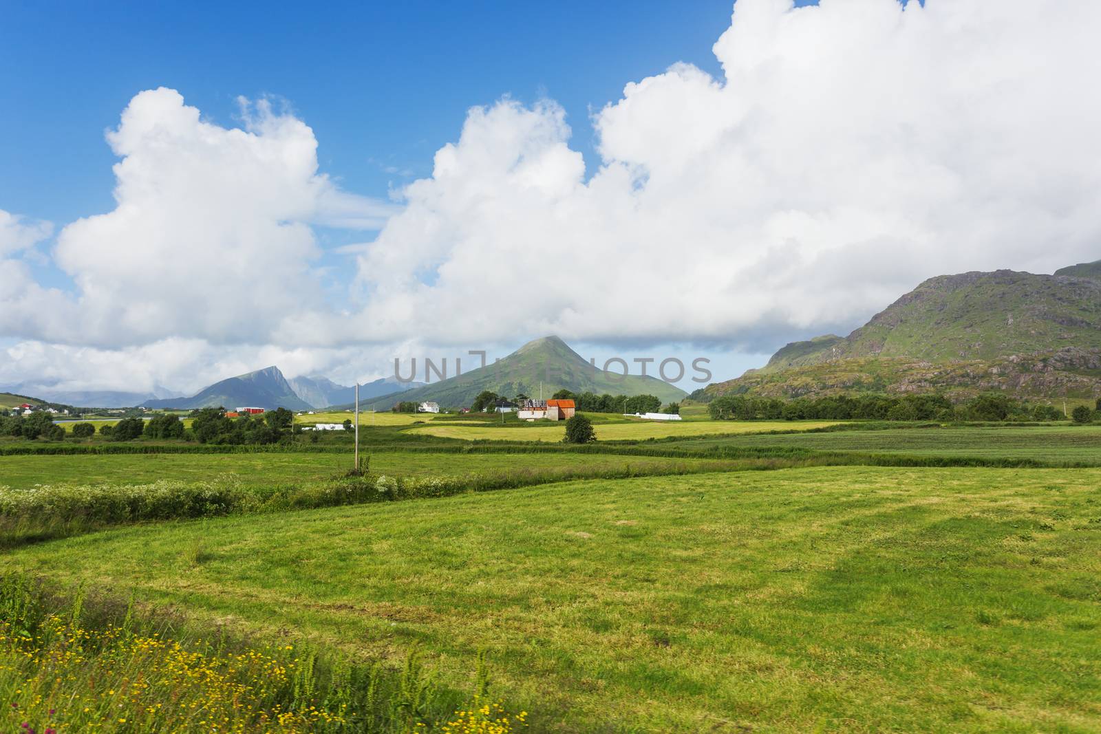 Typical scandinavian landscape with meadows, mountains and village. Lofoten islands, Norway.