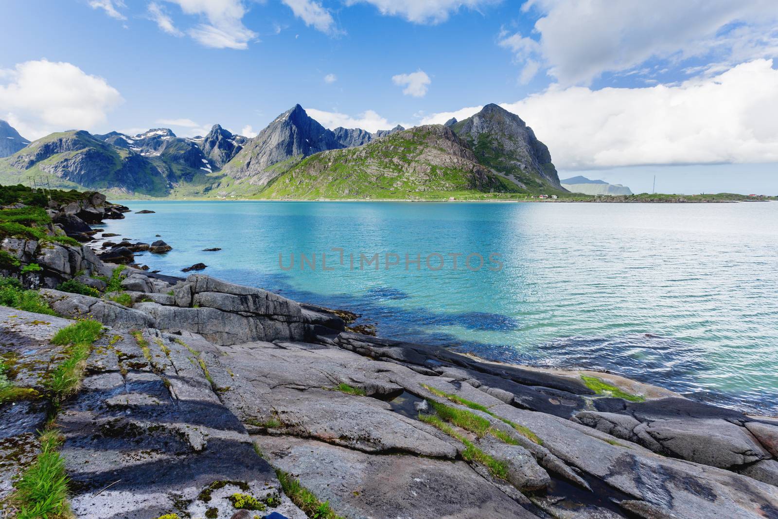 Beautiful scandinavian landscape with meadows, mountains and fjords. Lofoten islands, Norway.