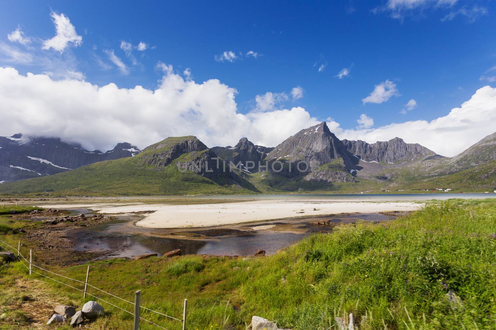 Beautiful scandinavian landscape with mountains and fjords. Car trip on Lofoten islands, Norway.