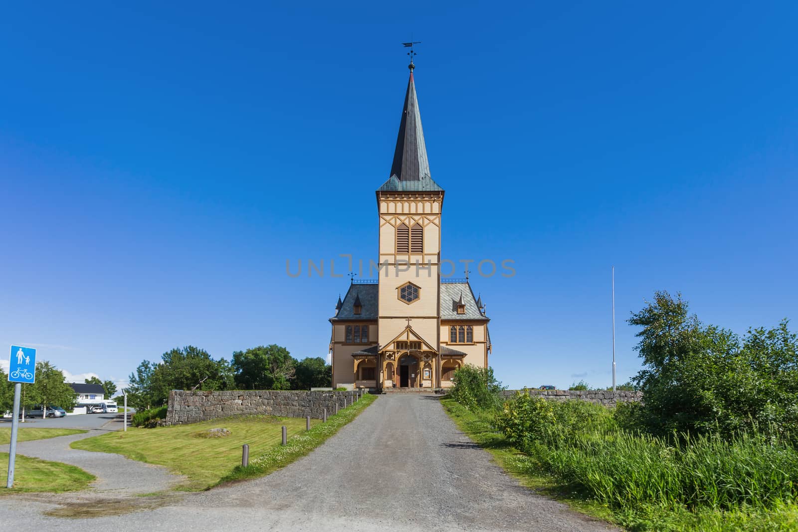 Picturesque Lofoten cathedral (Vagan Church), largest wooden building in Northern Norway. Kabelvaag. Lofoten islands, Norway.