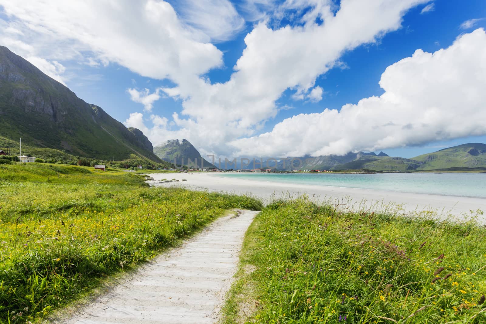 Rambergstranda beach on Lofoten islands. Beautiful sandy beach and azure water. Norway.