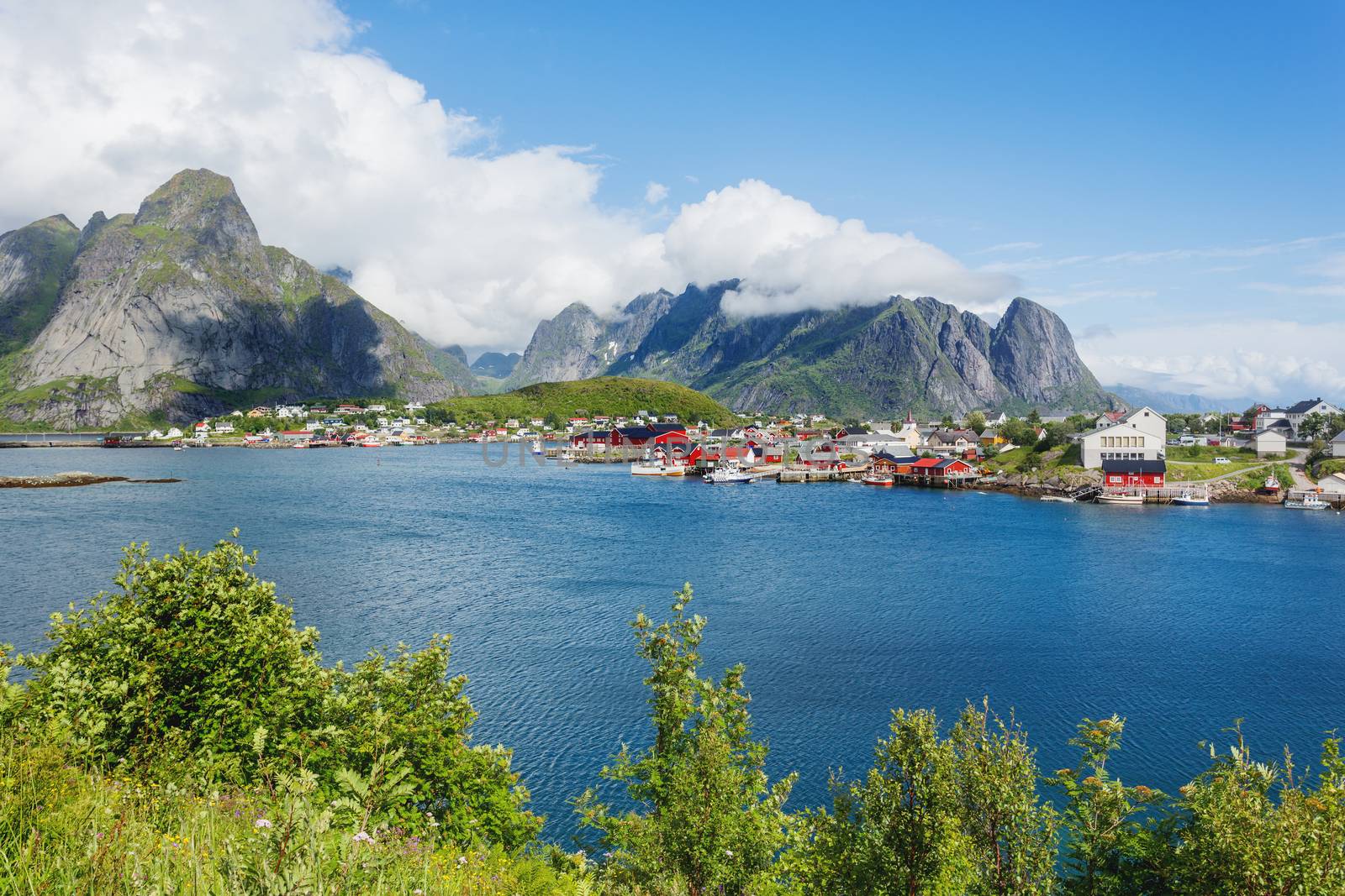 Beautiful scandinavian landscape with mountains and fjords. Reine village on Lofoten islands, Norway.
