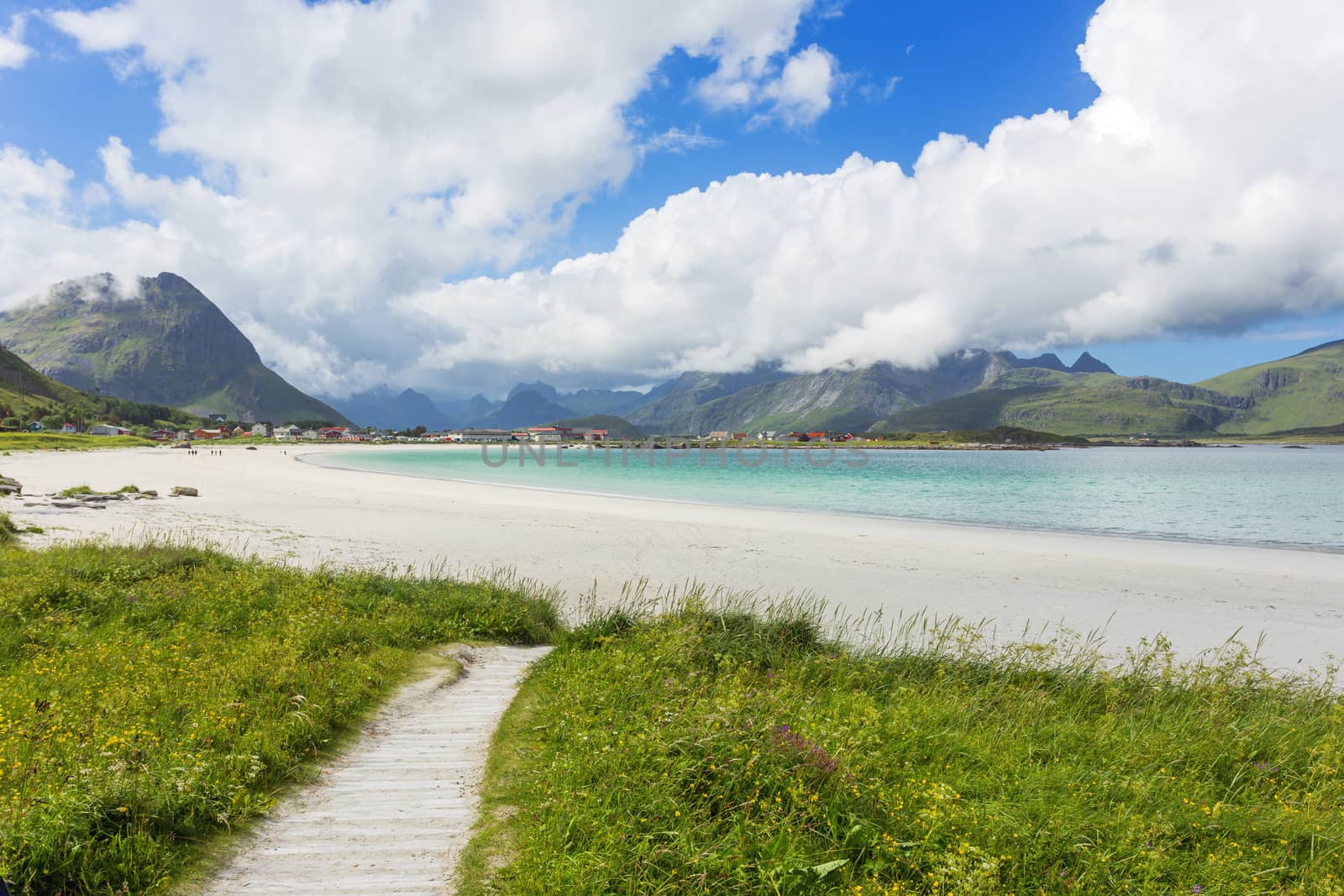 Rambergstranda beach on Lofoten islands. Beautiful sandy beach and azure water. Norway.