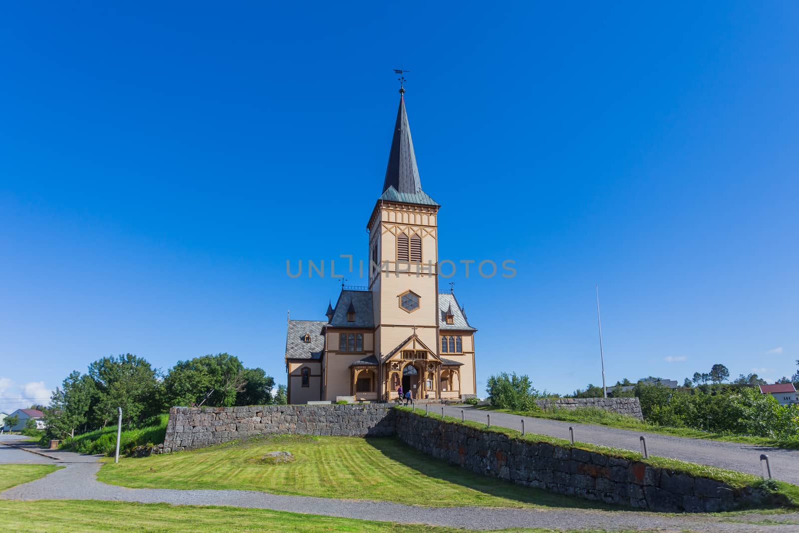Picturesque Lofoten cathedral (Vagan Church), largest wooden building in Northern Norway. Kabelvaag. Lofoten islands, Norway.