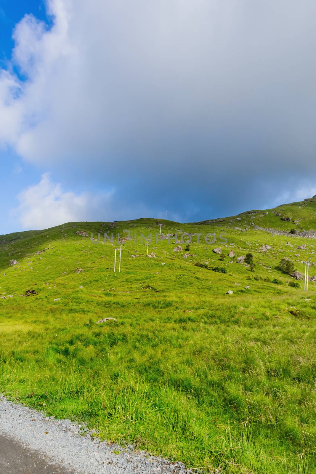 Beautifull scandinavian landscape with meadows and mountains. Lofoten islands, Norway.