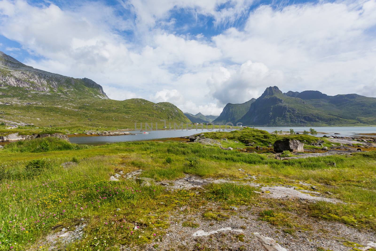 Beautiful scandinavian landscape with mountains and fjords. Lofoten islands, Norway.