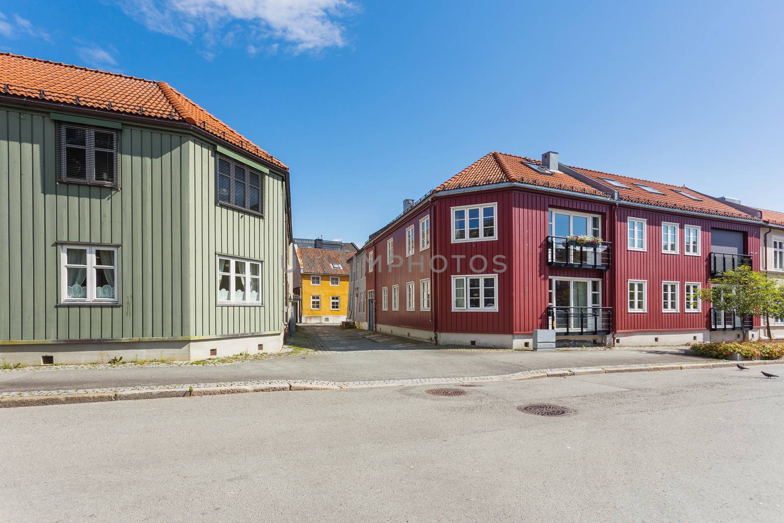 Colorful buildings on streets of Trondheim, Norway. Scandinavian style of architecture.