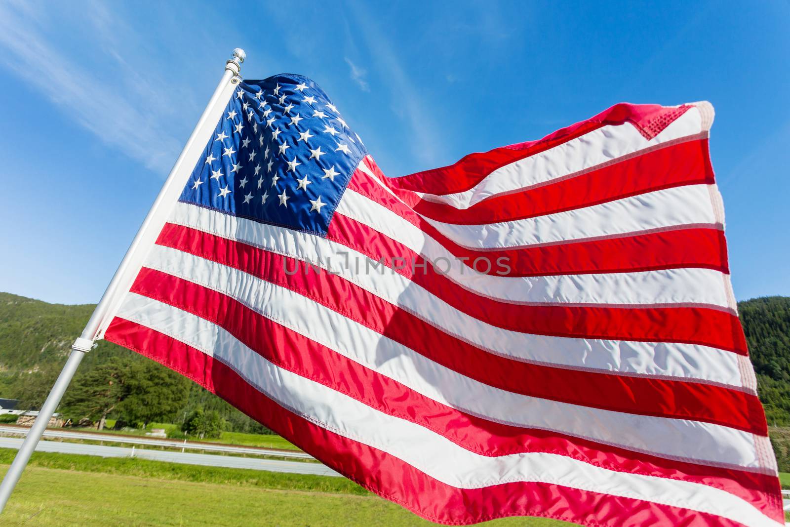 Flag of the United States of America (American flag or The Stars and Stripes, Old Glory, The Star-Spangled Banner) waving in the wind against summer forest landscape in sunny day.