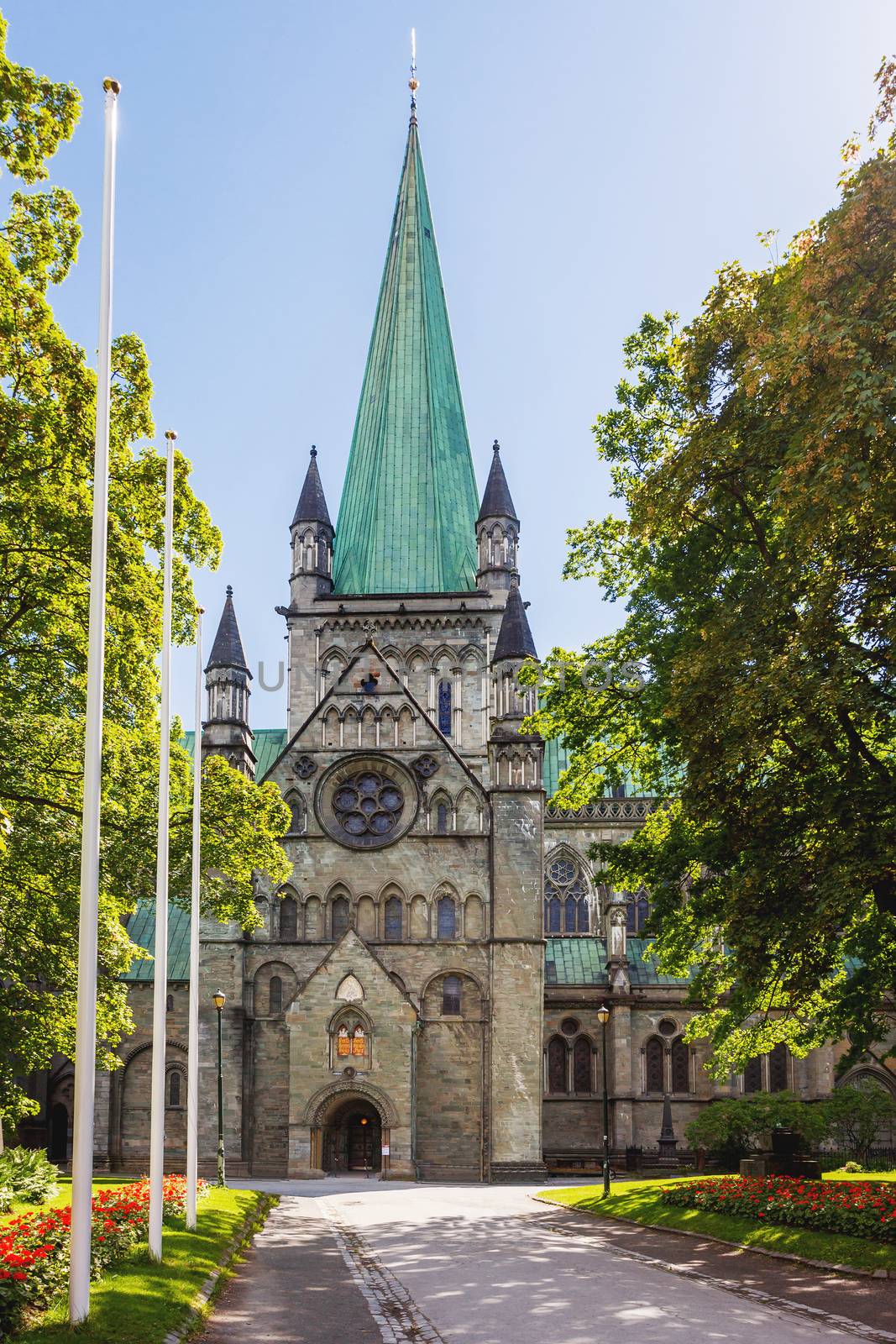 Nidaros Cathedral (Nidarosdomen) in sunny summer day. Trondheim, Norway.