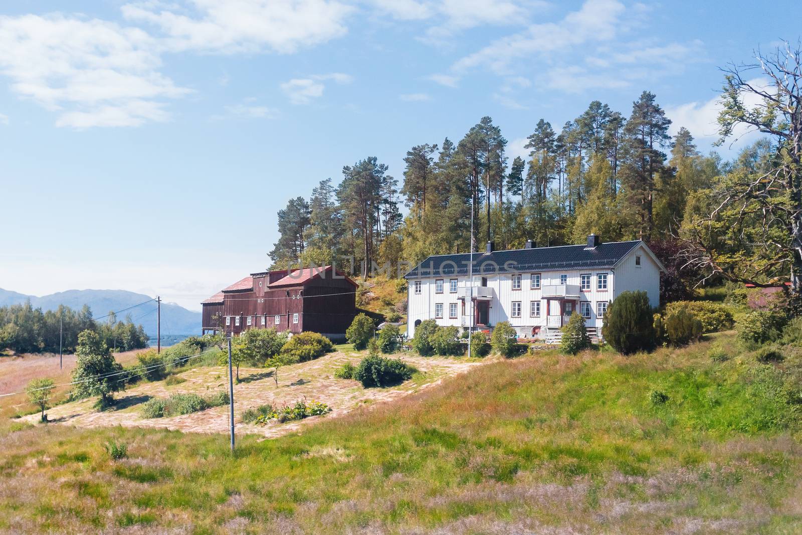 Typical scandinavian landscape with meadows and houses. Norway.