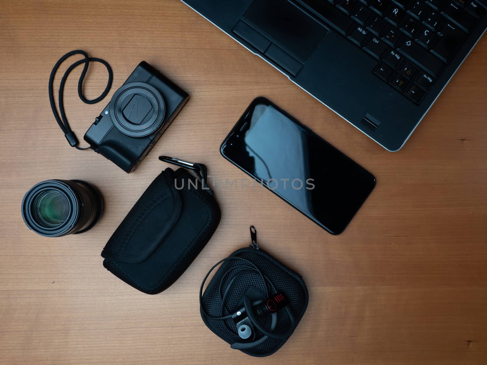 overhead, camera, lens, laptop and headphones