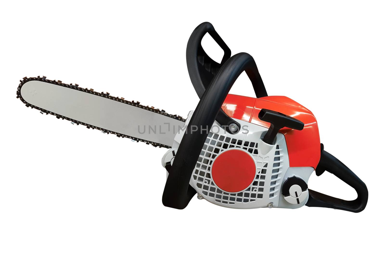 New red petrol chainsaw isolated on white background