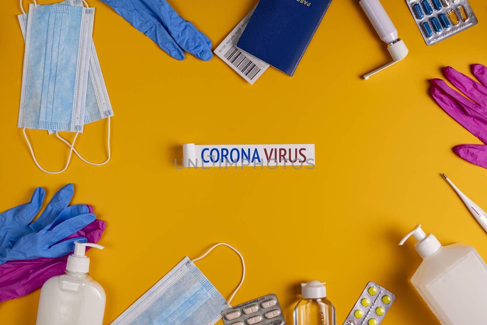 Coronavirus new lifestyle concept. Passports, airplane tickets, sanitizer, thermometer and medical mask flat lay