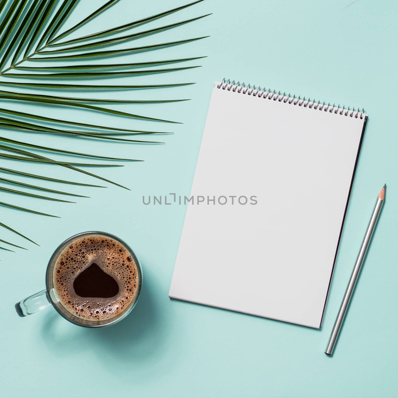 Blank paper notebook with pencil and coffee cup. Empty paper sketchbook with pincil and tropical leaves on blue background. Top view or flat lay. Copy space for text or design.