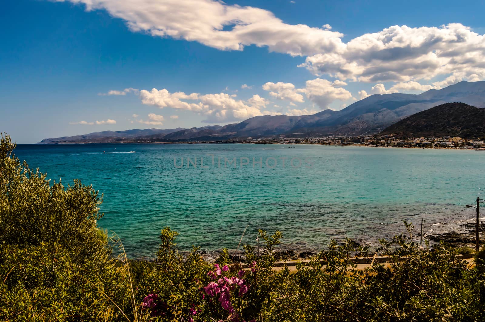 Beautiful nature views of the shore and the bay of Stalis and Sissi near Heraklion, Crete, Greece.