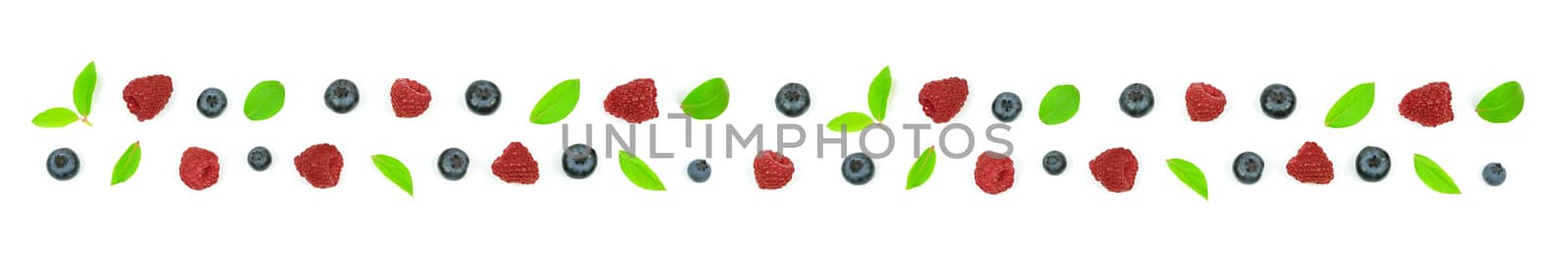 Top view of a forest fruits long ornament with blueberry, leaves and a raspberry.