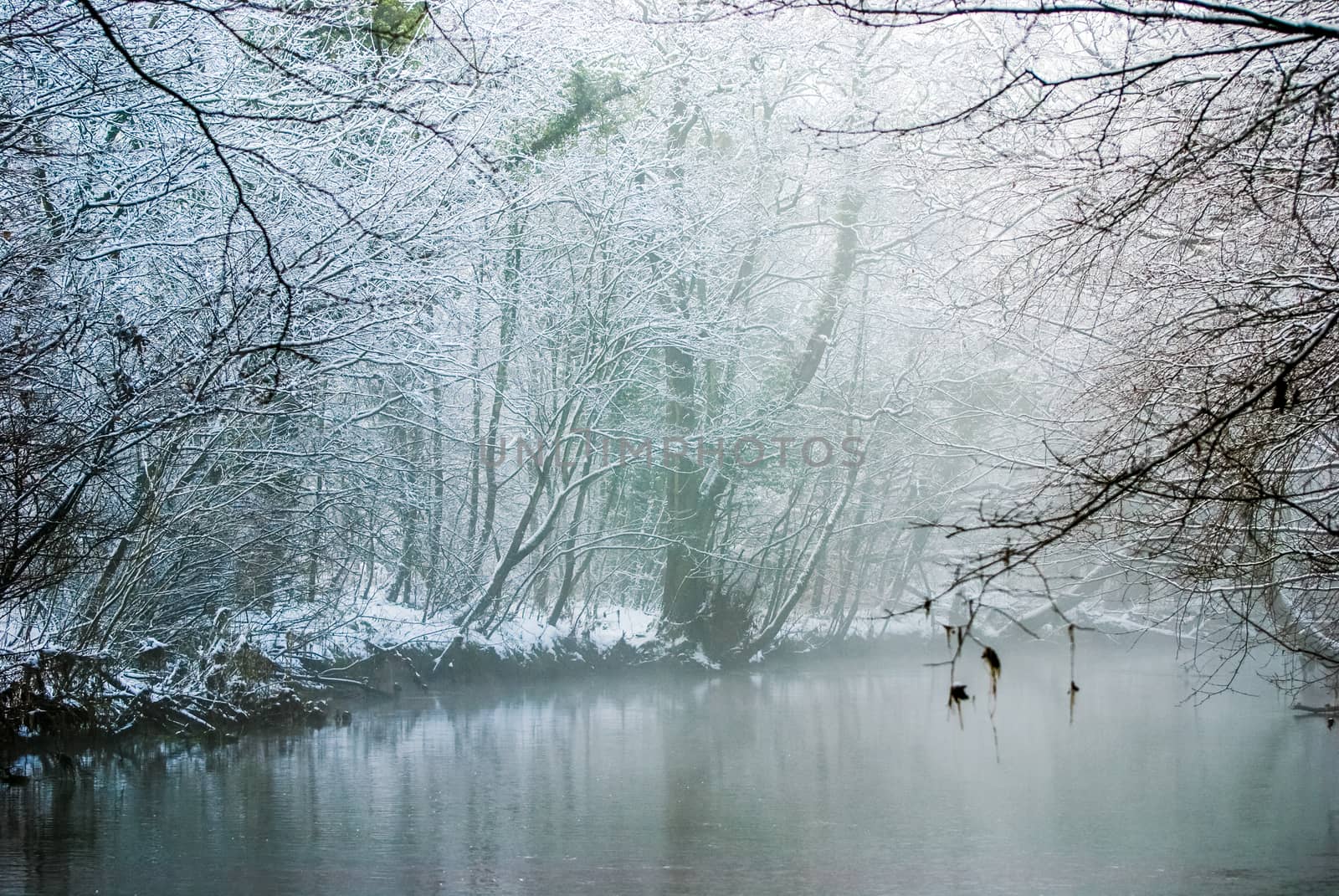 Scenic view of a river in winter. Dense fog over the river in winter. Sunrise in the thick winter fog UK by paddythegolfer