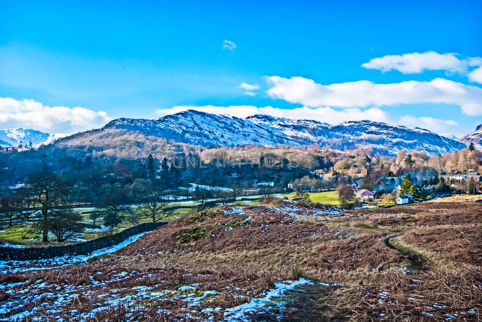 Blues skies over the Langdale Pikes. On a sunny Winter day the imposing Langdale Pikes stand proudly below a blue sky. by paddythegolfer