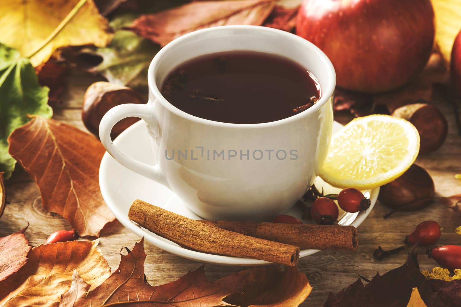 Concept of seasonal warm cup of tea with wild rose, spices, lemons and surrounded by autumn rustic decoration (vintage effect)