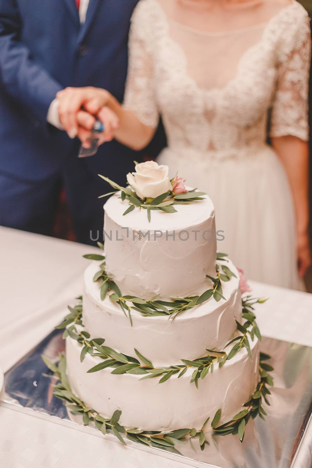 Happy wedding couple carving delicious  cake by vladdeep