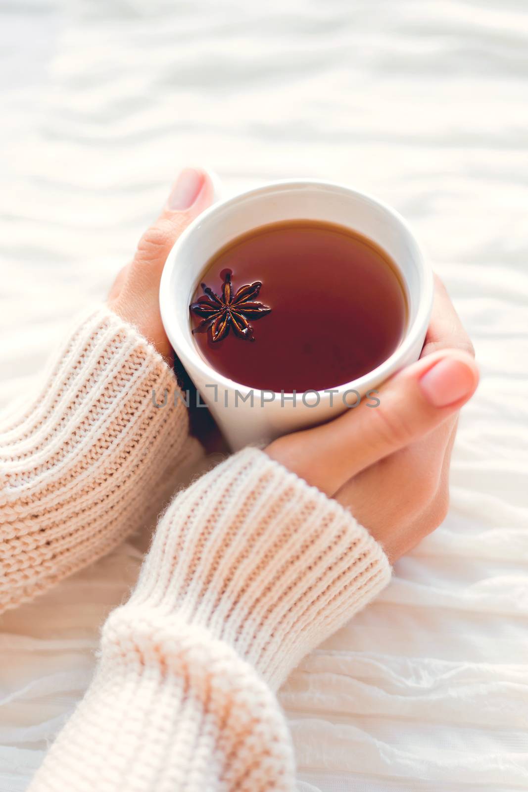 Women holds a cup of hot tea with anise star. Cozy morning at home.