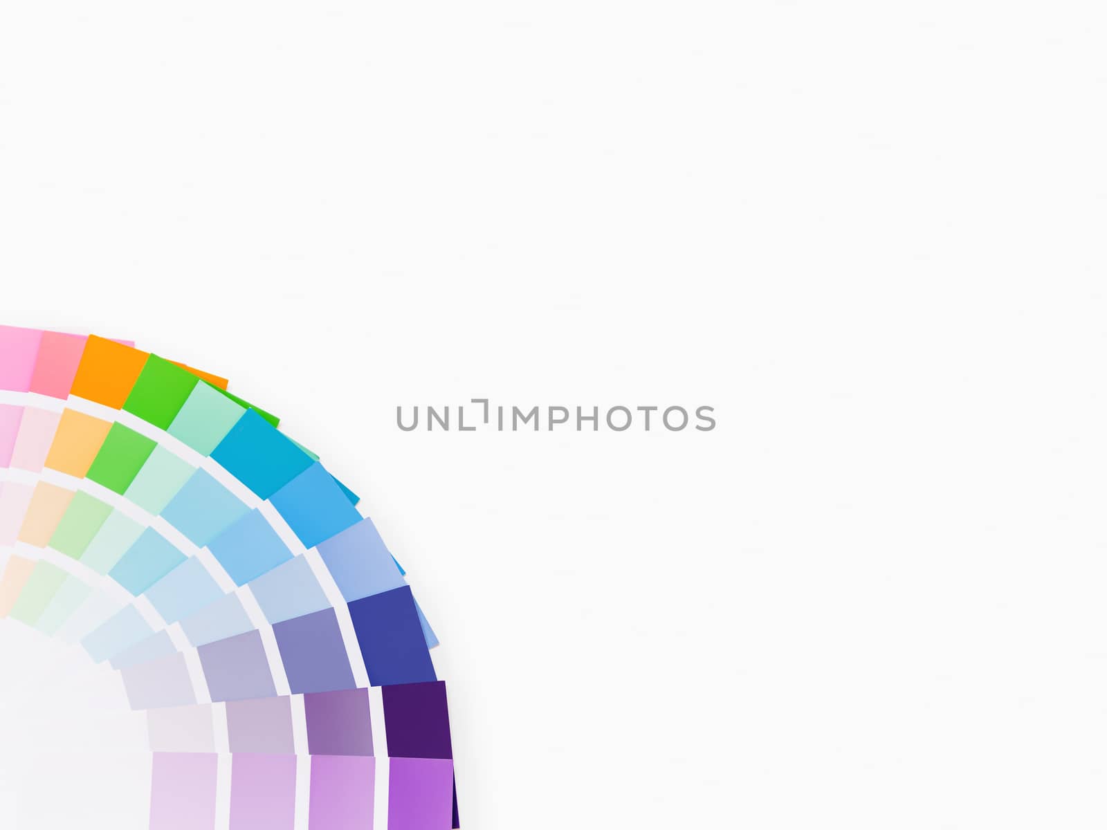 Rainbow color pallette on white background. Designer tool with copy space. Top view, flat lay.