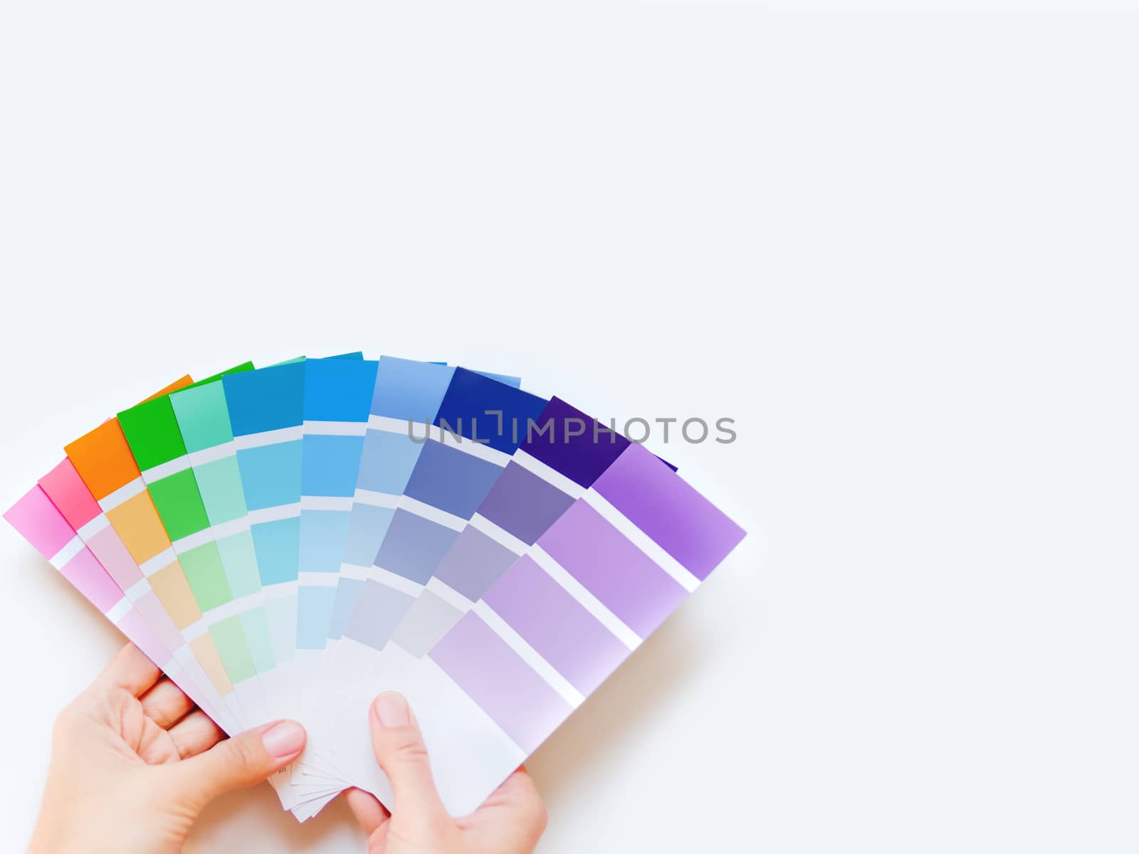 Woman holds rainbow color pallette on white background. Designer tool with copy space. Top view, flat lay.