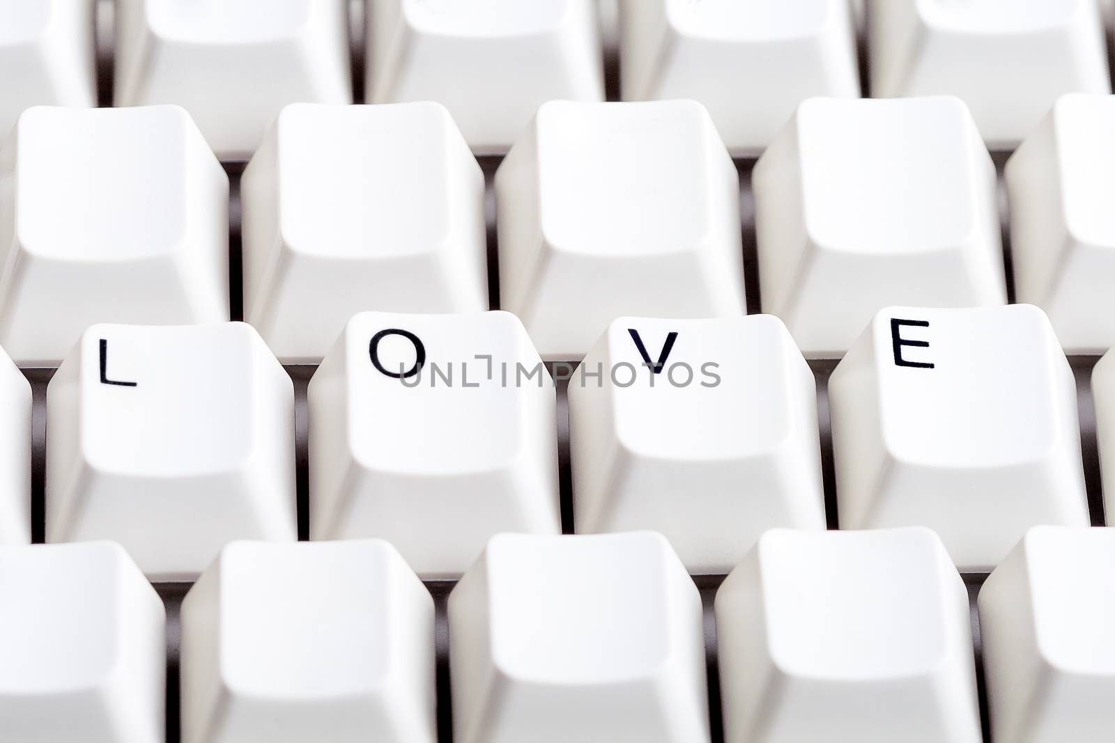 Word LOVE on computer keyboard with empty space on other buttons. May be used as symbol of love on the Internet, love e-mail letters.