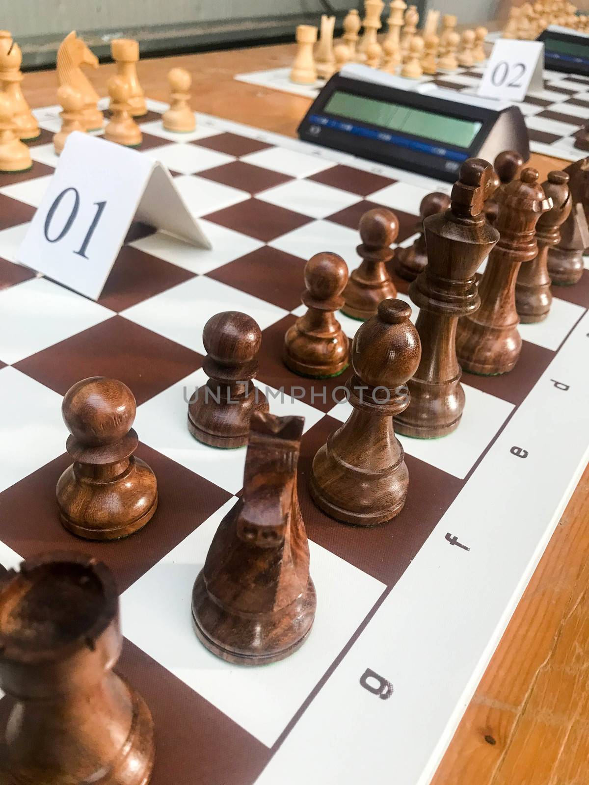 Chessboards ready for a chess tournament by cosca